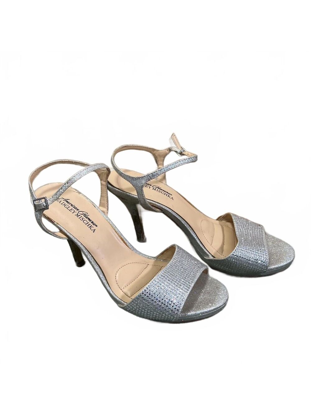 Badgley Mischka American Glamour Silver Glitter Heels 7.5 W Sparkly Strappy Shoe